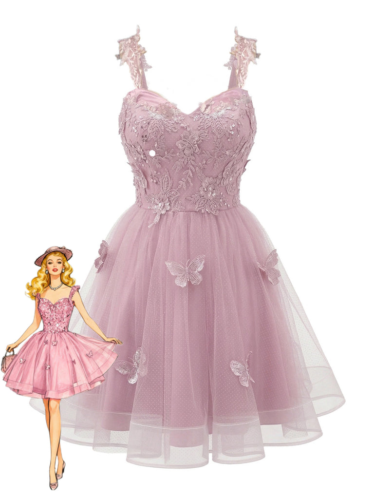 [Prevendita] Miniabito Homecoming rosa anni '60 in tulle glitterato con farfalle