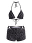 3PCS Set Bikini Nero Anni '50 a Pois Scollo All'americana e Pantaloncini