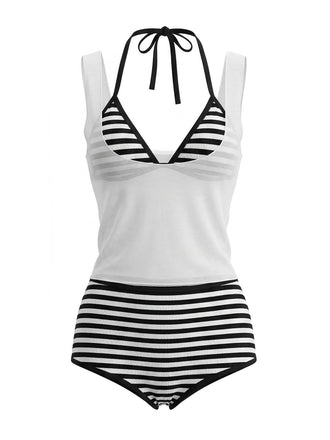 3 Pezzi Righe Set Bikini & Sheer Cover-Up Tank Anni '80