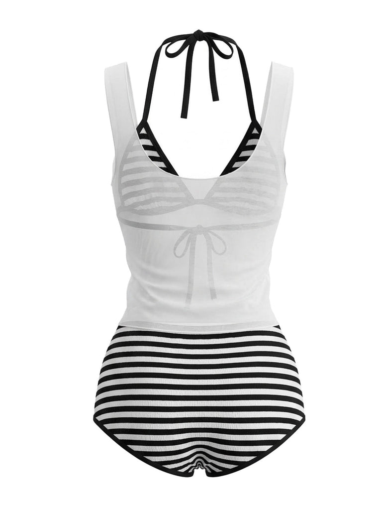 3 Pezzi Righe Set Bikini & Sheer Cover-Up Tank Anni '80