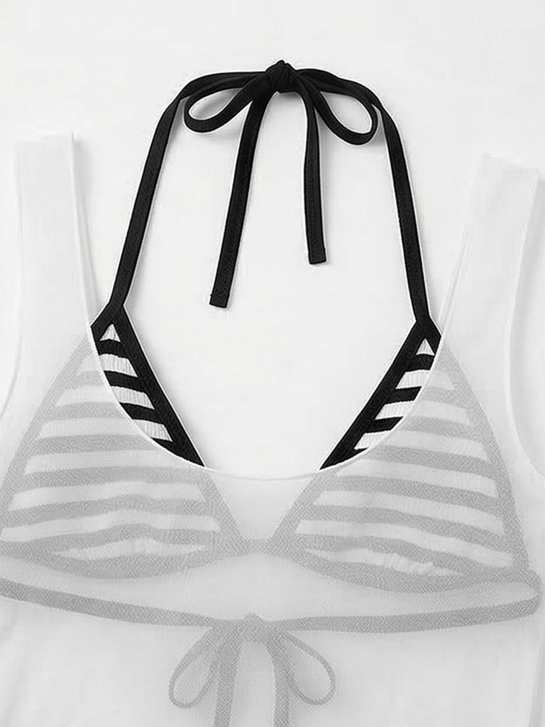 3 Pezzi Righe Set Bikini & Sheer Cover-Up Tank Anni '80