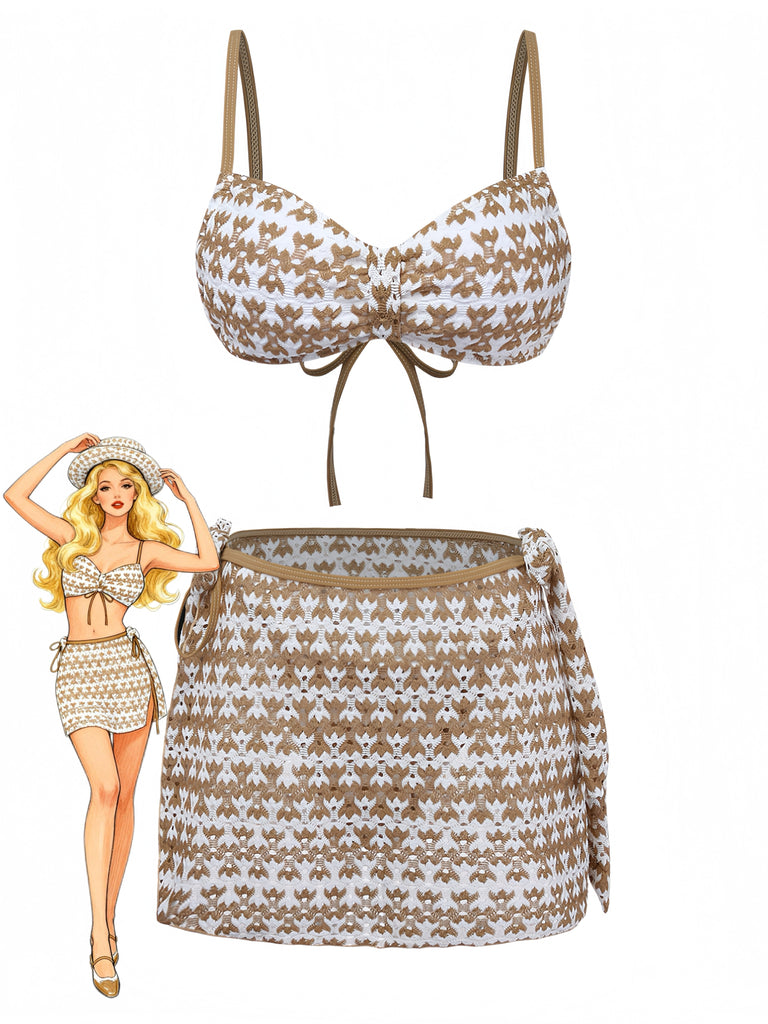 3PCS-Bikini-Traforato-All'uncinetto-e-Copricostume-Cachi-Anni '50