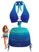 Bikini blu e verde con modella su sfondo bianco