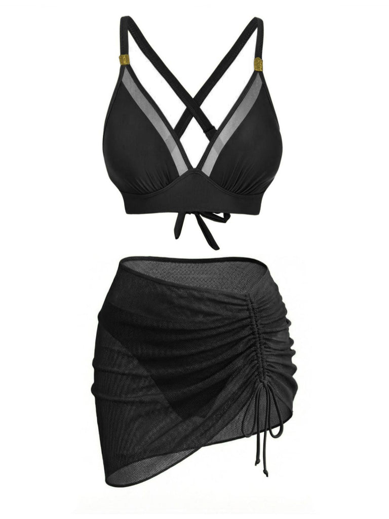 3PCS-Bikini-nero-con-bottoni-in-metallo-massiccio-anni '50