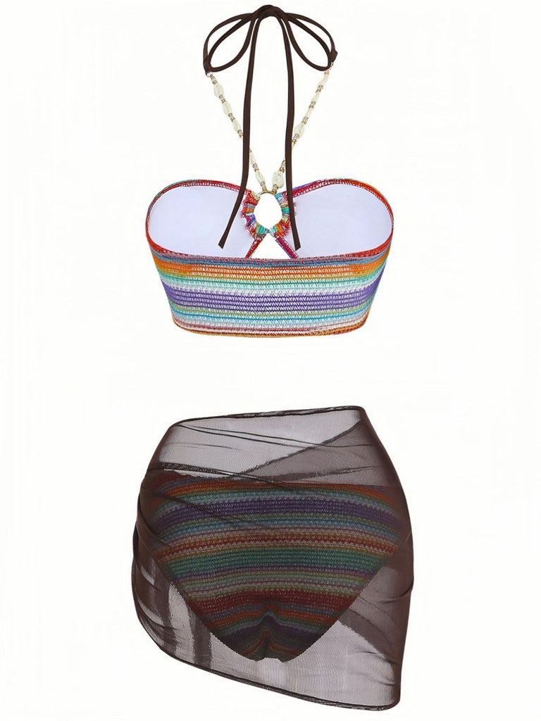 Set Bikini 3PCS Multicolor Halter Rainbow Stripes Shell-con Spalline Anni '70 3