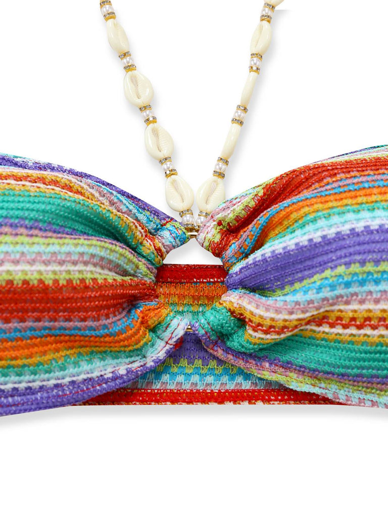 Set Bikini 3PCS Multicolor Halter Rainbow Stripes Shell-con Spalline Anni '70 4