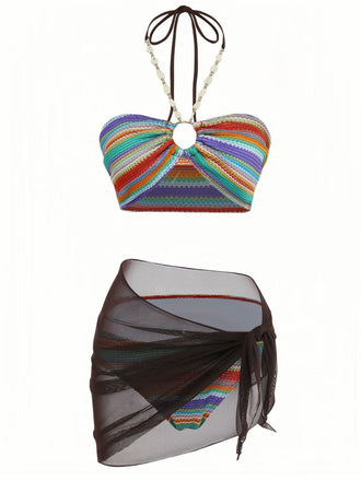 Set Bikini 3PCS Multicolor Halter Rainbow Stripes Shell-con Spalline Anni '70 2