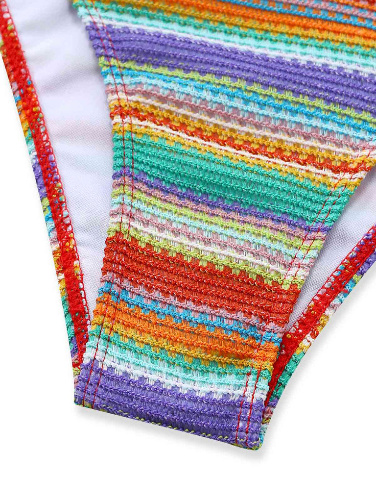 Set Bikini 3PCS Multicolor Halter Rainbow Stripes Shell-con Spalline Anni '70 7