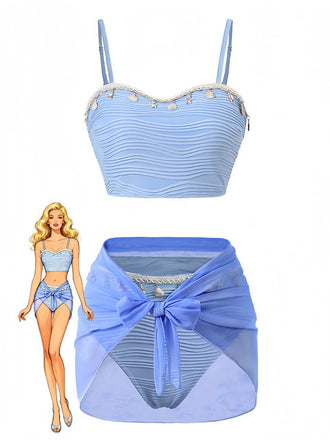 Fabric: 3PCS Blue 1940s Shell Special Fabric Bikini Set, vintage charm, perfect for vintage fashion lovers