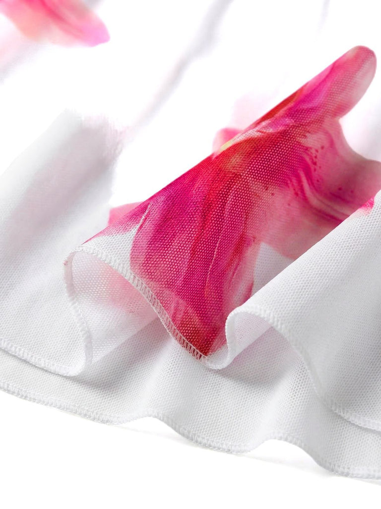 Bikini bianco anni '30 floreale di gigli con scollo all'americana in rete