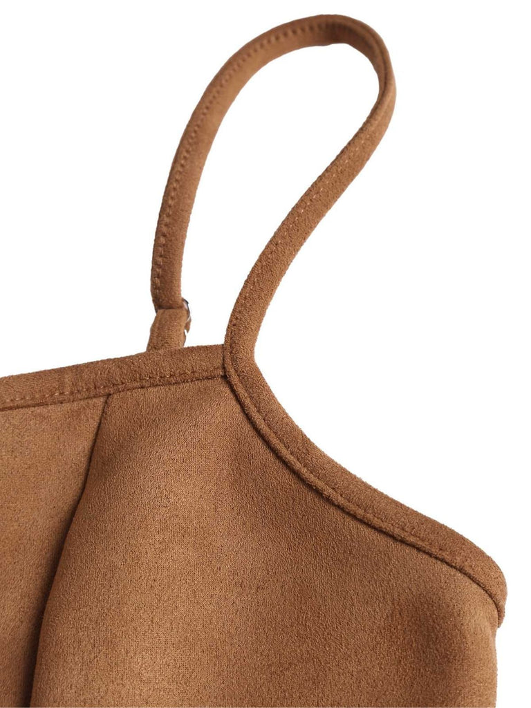 Top corsetto in pizzo scamosciato con lacci marrone anni '50