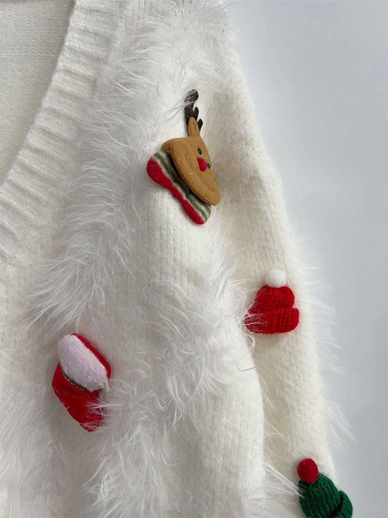 Cardigan in maglia e stampa natalizia 3D bianco anni '70