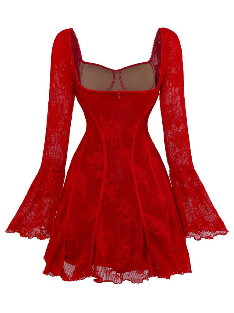 Abito floreale in maglia con maniche a campana e fiocco rosso anni '60