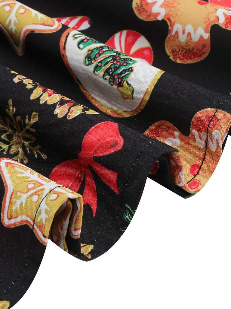 Abito con pan di zenzero e bastoncini di zucchero natalizio nero anni '50