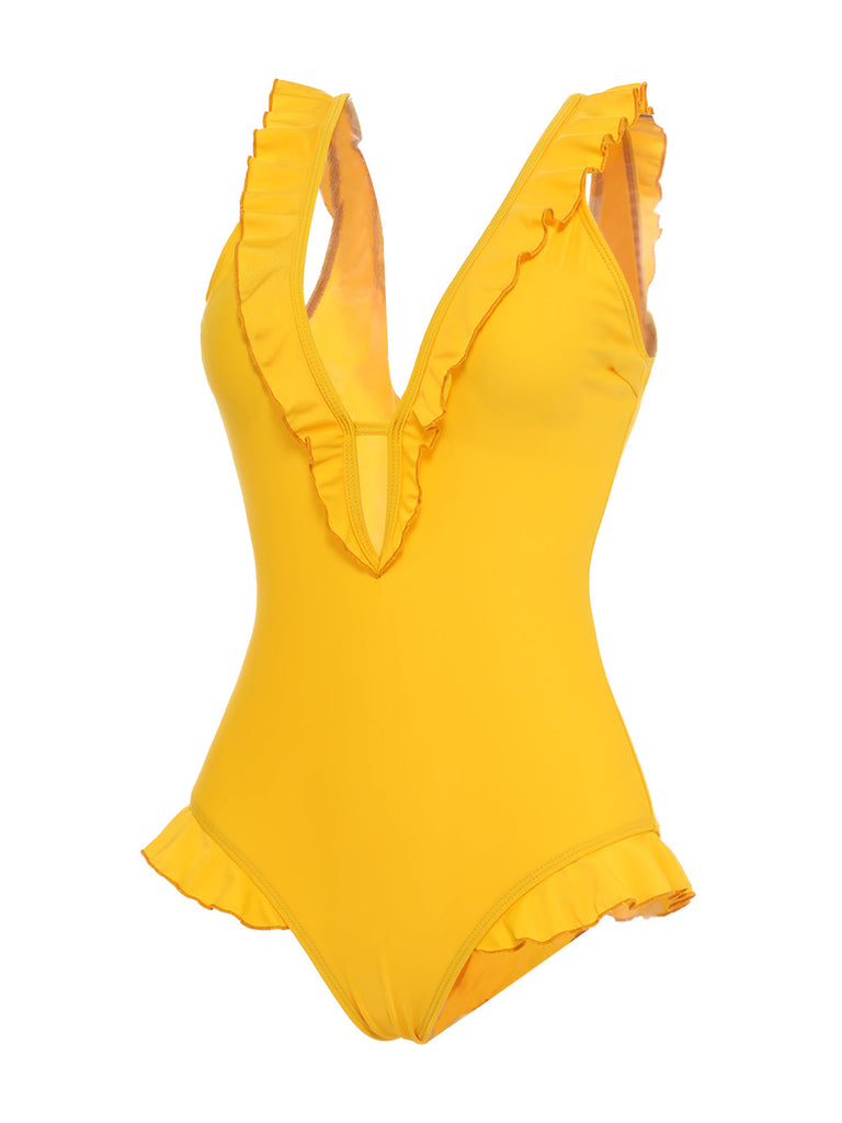 Costumi intero con scollo a V volant giallo anni '30