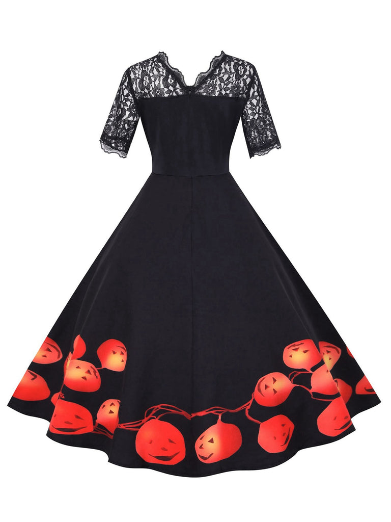 Abito patchwork con maniche in pizzo Halloween nero anni '50