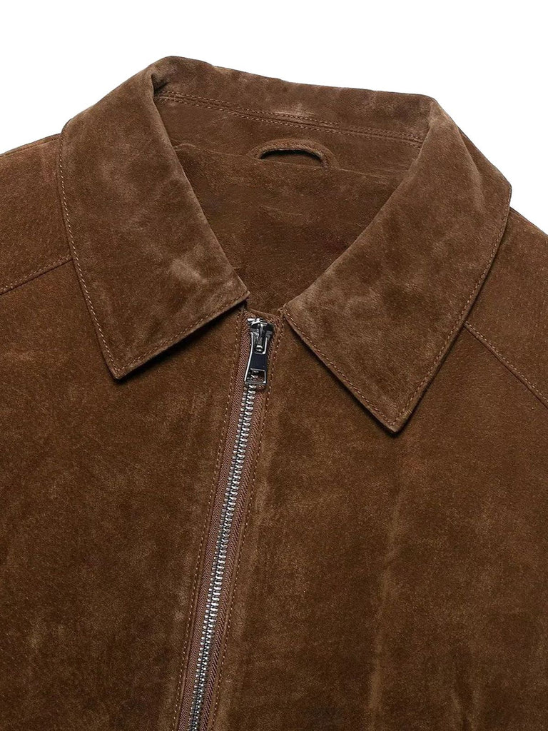 Giacca corta in pelle scamosciata con cerniera frontale marrone anni '80