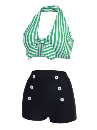 [Taglia Forti] Set Bikini a righe stile retrò verde anni '50
