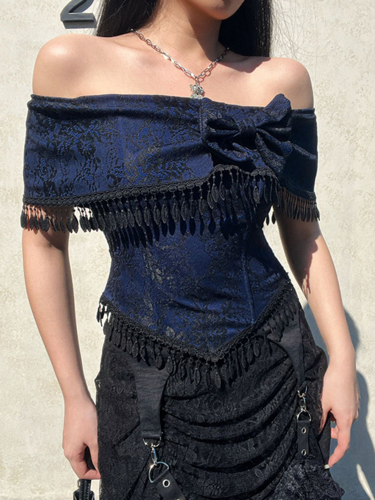Top in pizzo con spalle scoperte e nappe Halloween blu anni '30