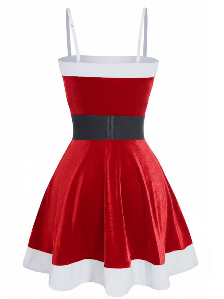 Mini abito natalizio in velluto e peluche con spalline sottili anni '70