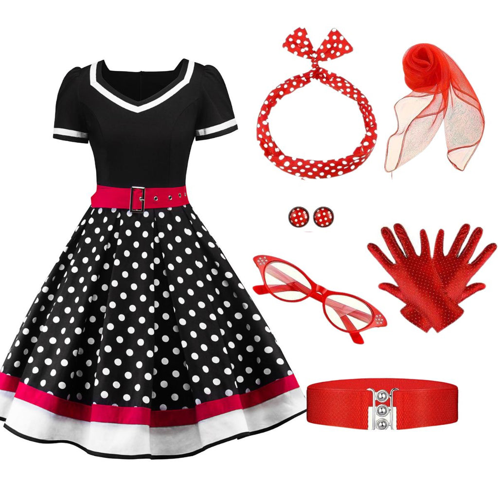 Abito a pois patchwork e set di accessori anni '50