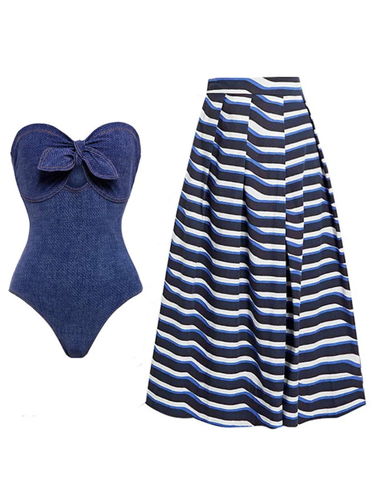 2PCS Costumi con fiocco in denim e copricostume a righe anni '80