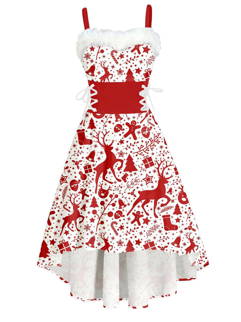 Abito natalizio a quadri in pelliccia con orlo asimmetrico anni '50