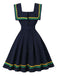 Abito a righe ondulate con scollo quadrato blu navy anni '50