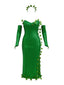 Completo con fascia multi-foglia e abito paillettes verde anni '70