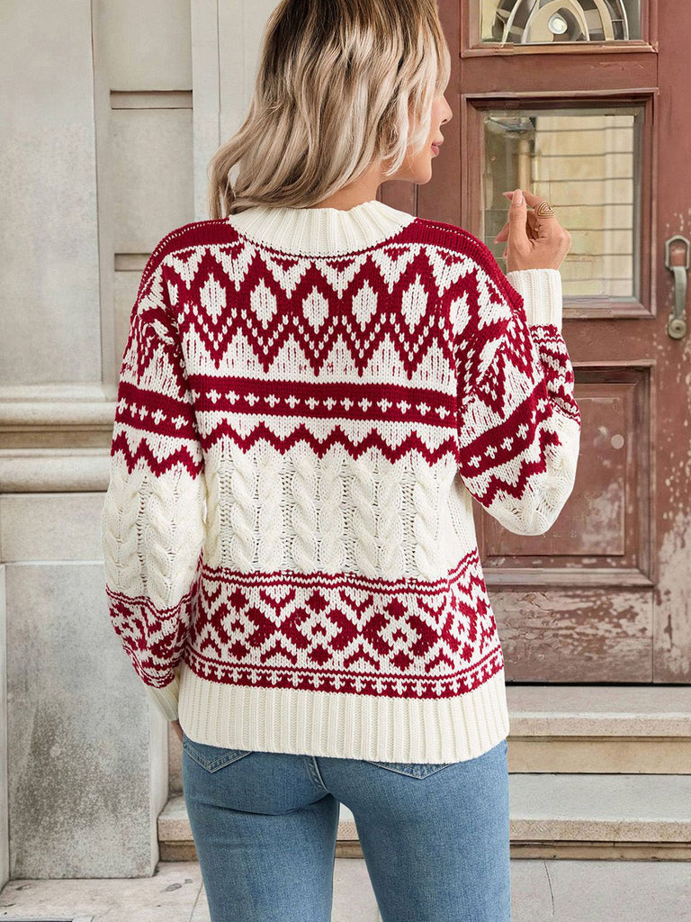 Maglione a maglia Fair Isle natalizio rosso e bianco anni '50