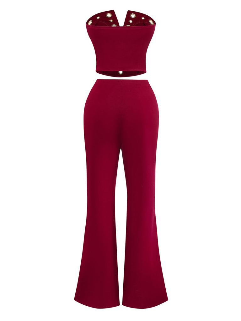 2PCS Top punk senza spalline con fibbia in metallo e pantaloni anni '70