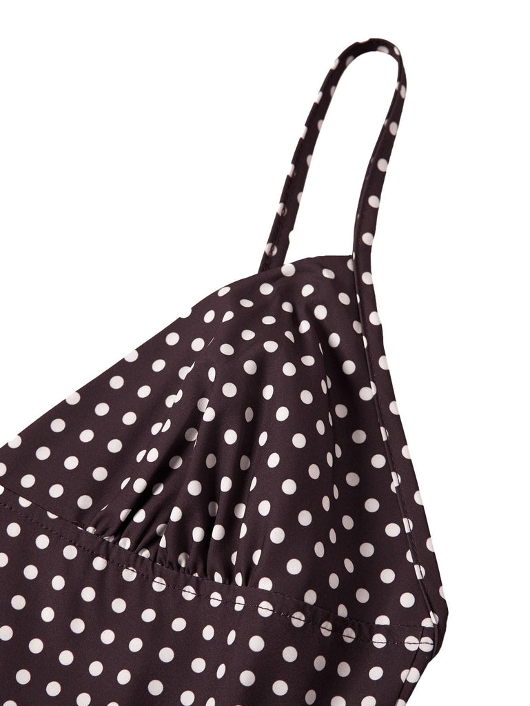 Abito a pois con scollo a V e spalline sottili marrone anni '80