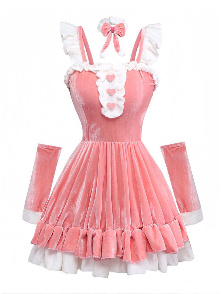 Completo abito da coniglietta con volant in velluto rosa anni '70
