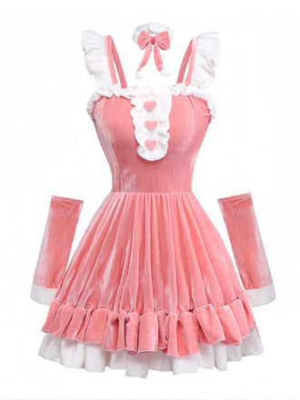 Completo abito da coniglietta con volant in velluto rosa anni '70