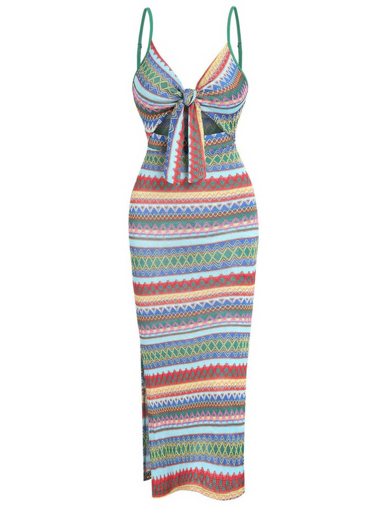 Abito boho a righe con lacci colorate anni '70