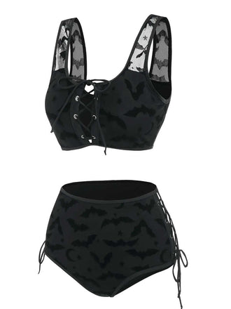 Set bikini gotico pipistrello spalline rete nero anni '80