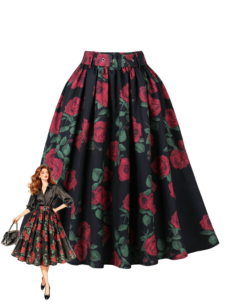 Gonna Plissettata Rossa Anni '50 con Stampa Rose Floreale