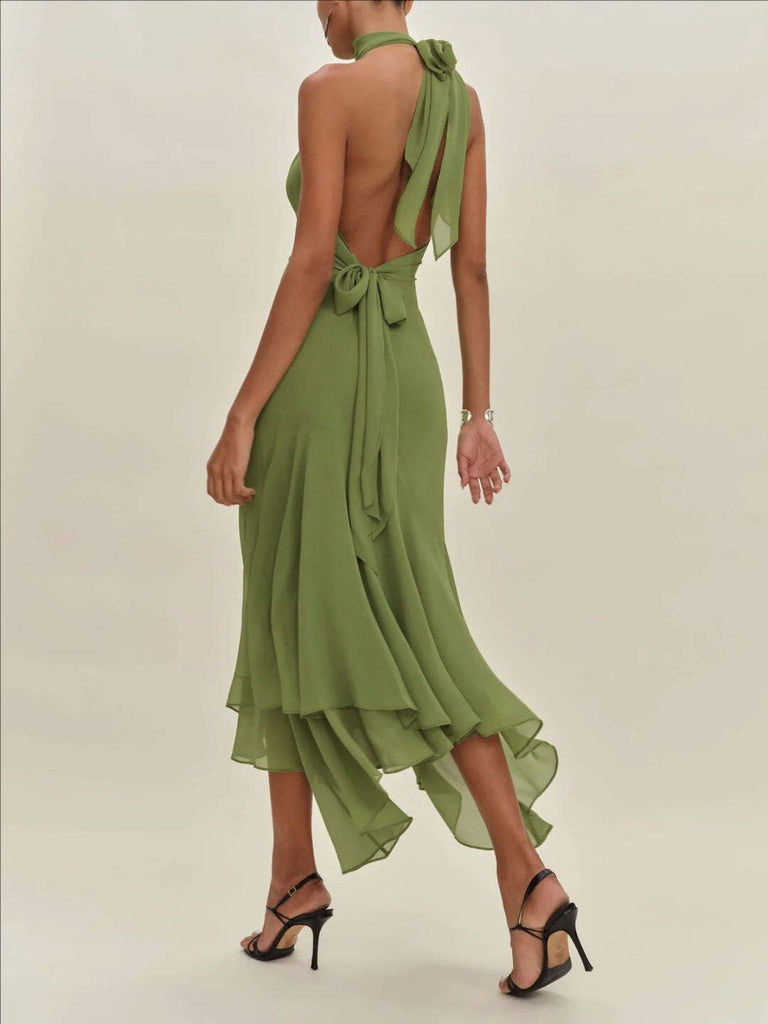 Abito midi verde anni '30 in chiffon con schiena scoperta