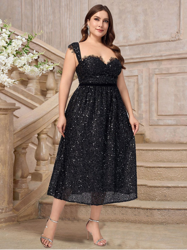 [Taglia Forti] Abito con scollo a cuore e pizzo paillettes nero anni '40