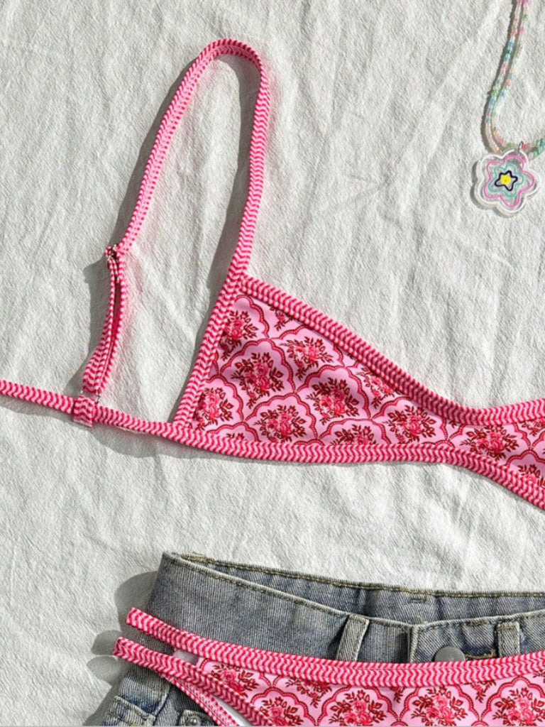 Bikini floreale con spalline sottili rosa anni '60
