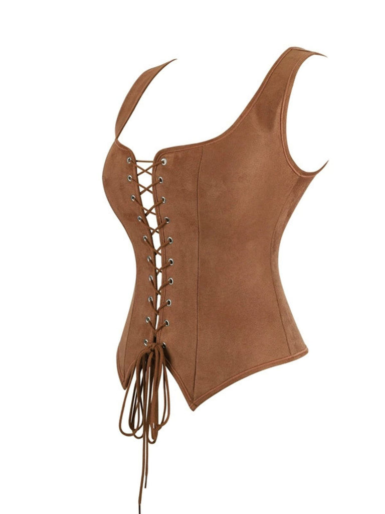 Gilet corsetto in pelle scamosciata con lacci marrone anni '50