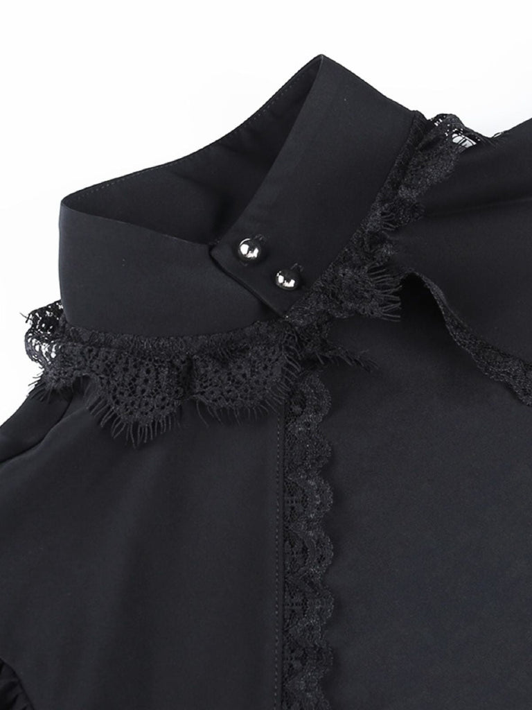 Top in pizzo gotico con collo alto nero anni '80