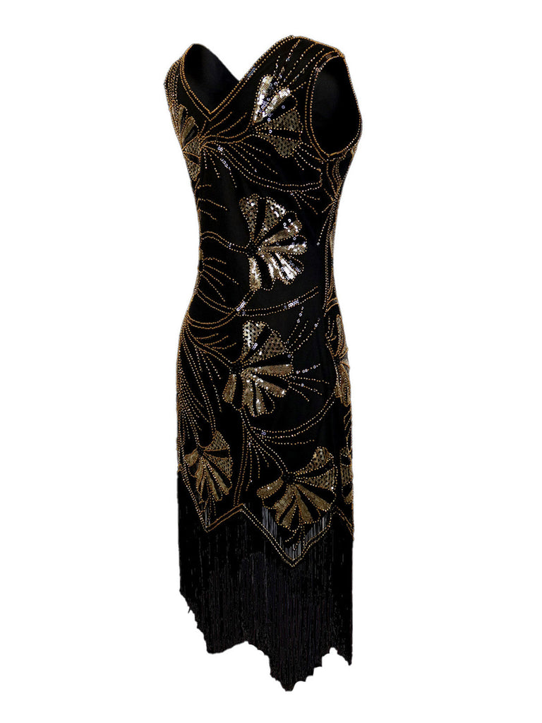 Abito flapper con scollo a V e perline e paillettes anni '20