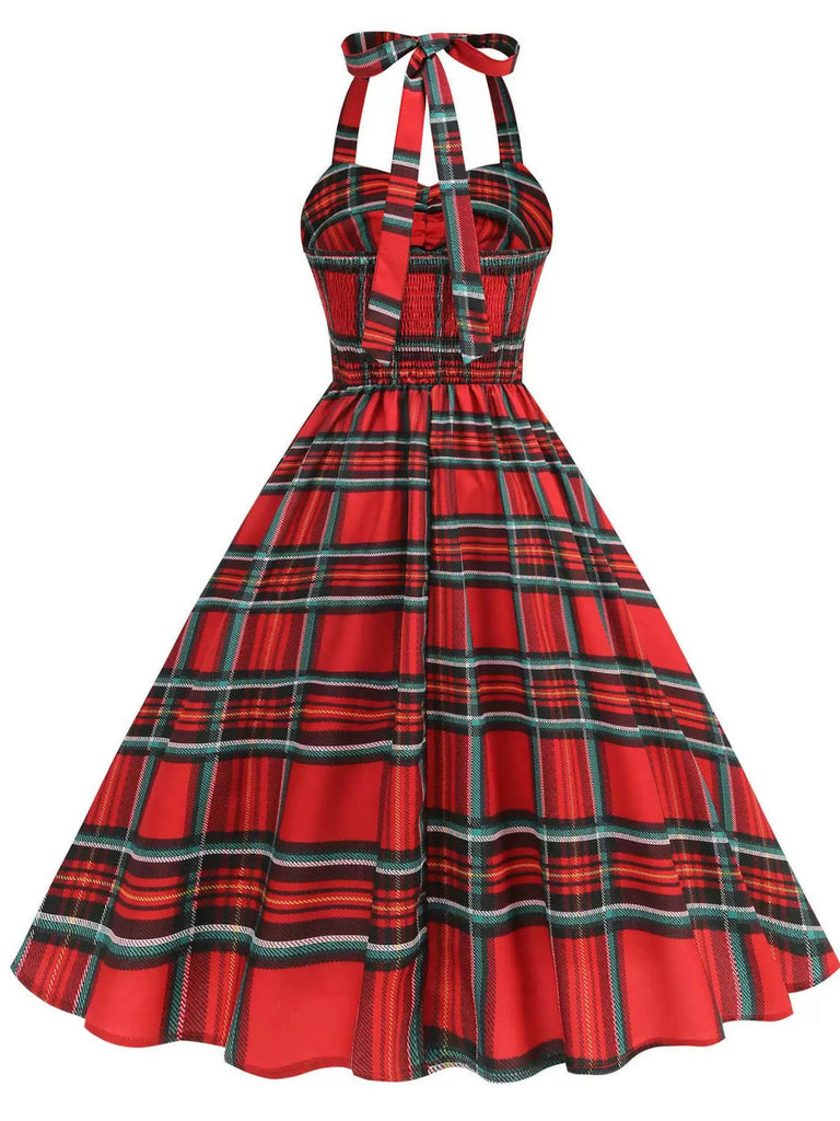 Abito a quadri con scollo all'americana natalizio rosso anni '50