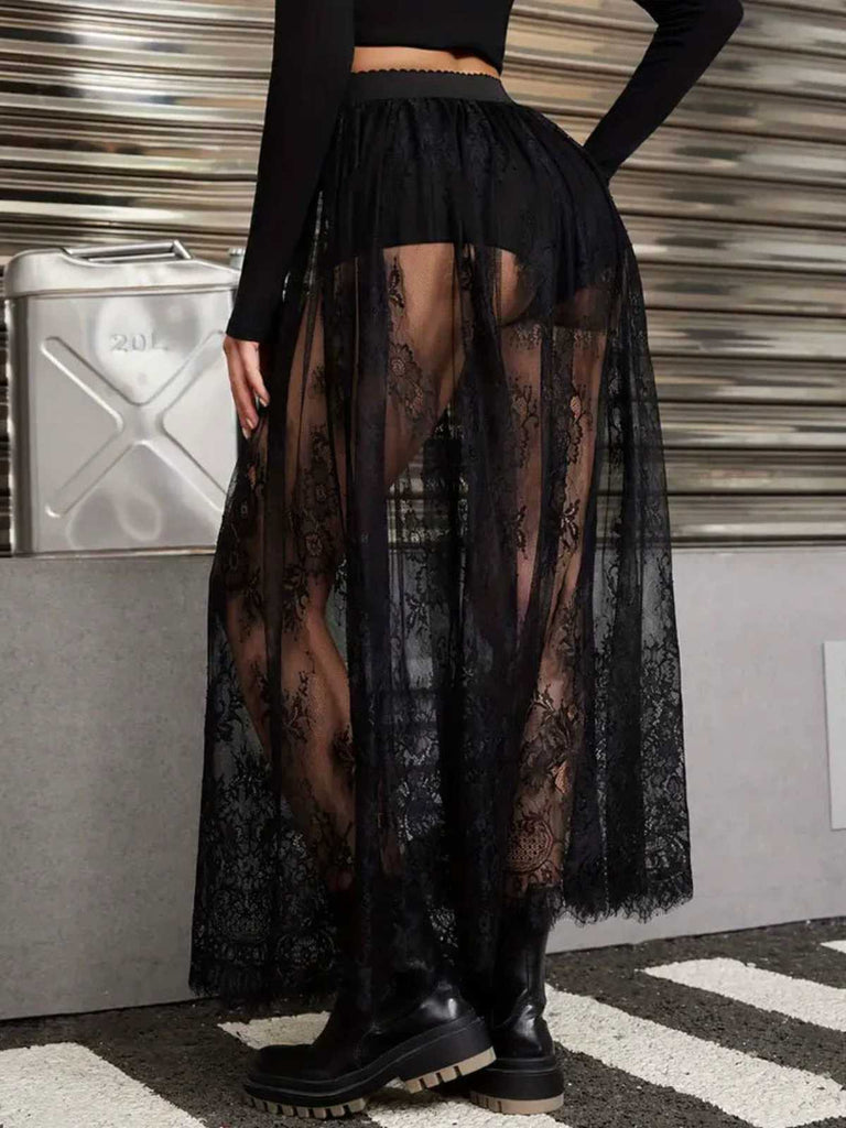 Gonna in pizzo trasparente stile gotico nero anni '80