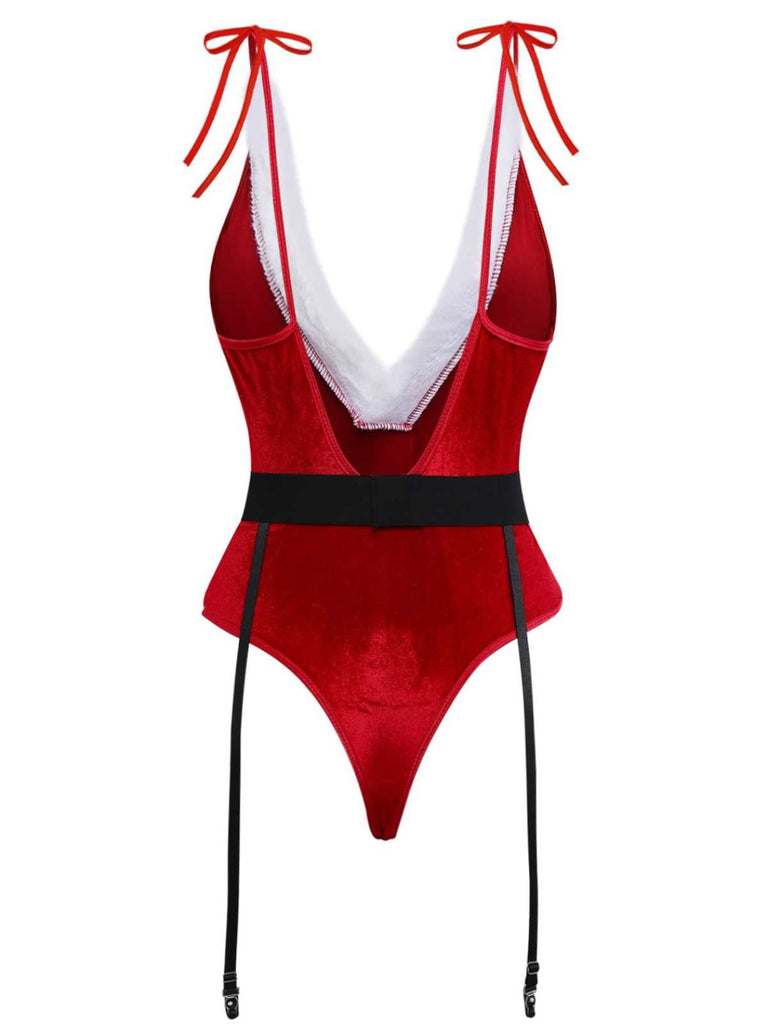 Body natalizio in peluche con scollo a V profondo e cappello anni '70