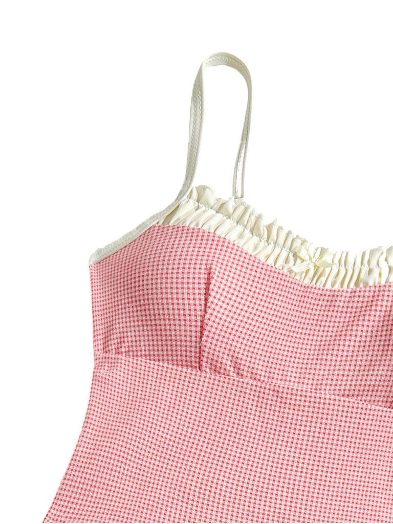 Completo tankini a quadri con pizzo rosso anni '50