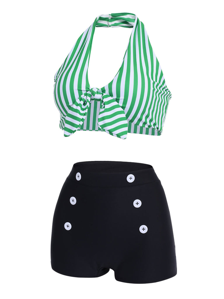 Bikini con ferretto fiocco a righe retrò verde anni '50