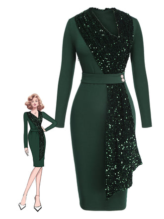 Abito glitterato con cintura e patchwork verde anni '60