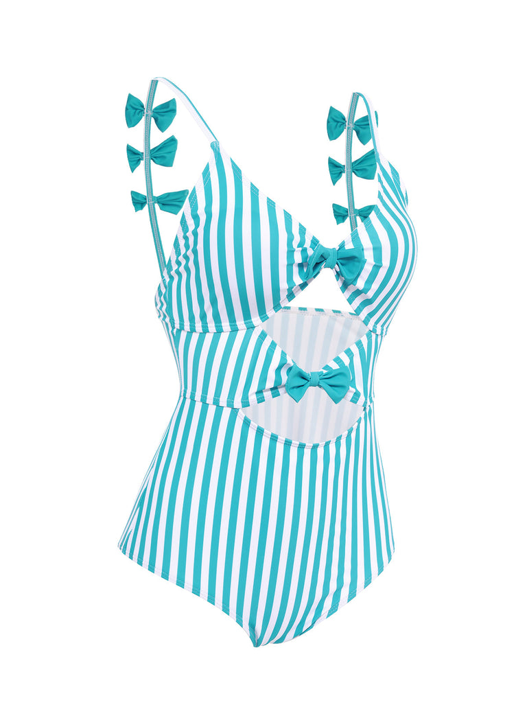 Costumi intero a righe fiocco cava spalline sottili blu anni '60